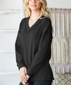 Heimish Full Size Ribbed V-Neck Exposed Seam Top