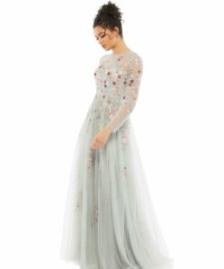 Embroidered Illusion High Neck Long Sleeve A Line Gown