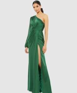 One Shoulder Long Sleeve Draped Charmeuse Gown