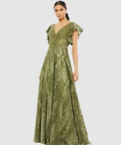 Embroidered Flutter Sleeve V-Neck Gown