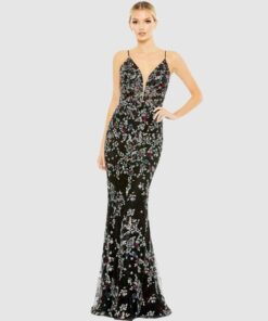 Embellished Plunge Neck Sleeveless Gown