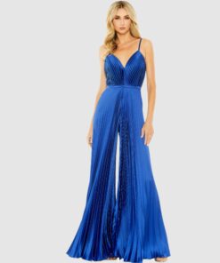Dark Blue Pleated Plunge Neck Wide Leg Jumpsuit