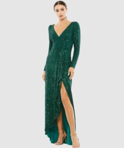 Sequined Faux Wrap Long Sleeve Gown
