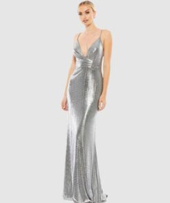 Metallic Faux Wrap Spaghetti Strap Gown