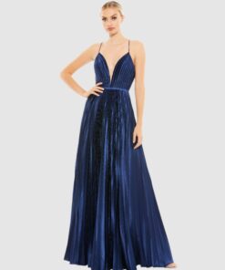 Plunge Neck Pleated Evening Gown