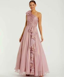 Iridescent One Shoulder Rosette Ball Gown