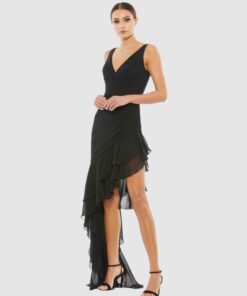 Asymmetrical Ruffled V-Neck Chiffon Dress