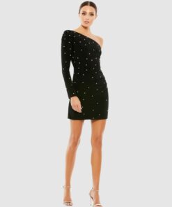 Rhinestone Encrusted One Shoulder Long Sleeve Mini Dress