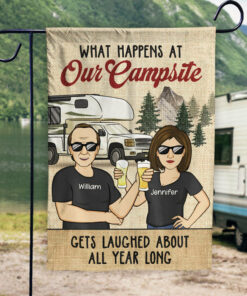 What Happens At Our Campsite Vintage - Personalized Flag - Gift For Camping Lovers