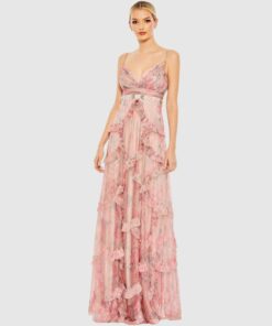Ruffled Sleeveless V Neck A Line Gown