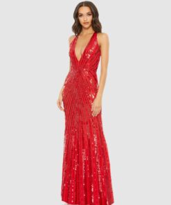 Sequined Deep V Strappy Open Back Gown