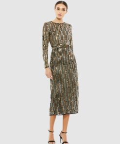 Embellished High Neck Long Sleeve Fitted Dress