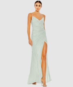 Beaded Sleeveless Faux Wrap Gown