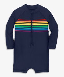 Baby one-piece rash guard in rainbow placed stripe