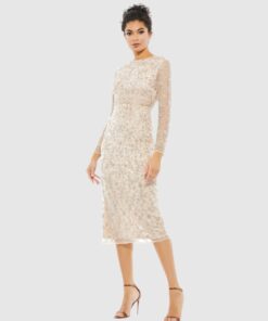 Beaded Tea Length Dress w/ Sheer Sleeves