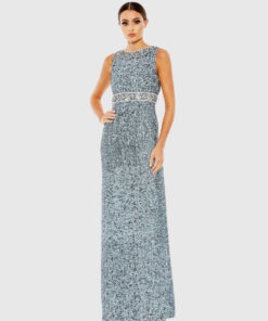 Sequined Sleeveless Embellished Neckline Gown