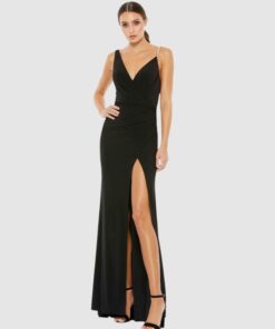 Faux Wrap Rhinestone Strap Gown