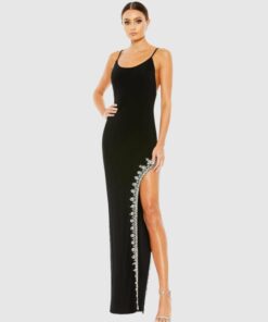 Black Rhinestone Encrusted Side Slit Cami Bodycon Gown