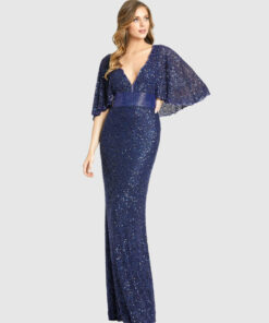 Sequined V-Neck Cape Sleeve Beaded Waist Gown