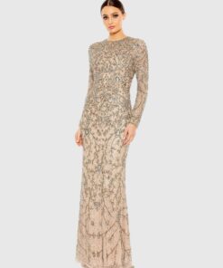 Beige Two Tone Beaded High Neck Long Sleeve Gown