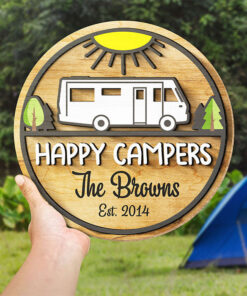 Family Happy Campers - Personalized Shaped Wood Sign, 2 Layers Sign - Gift For Camping Lovers