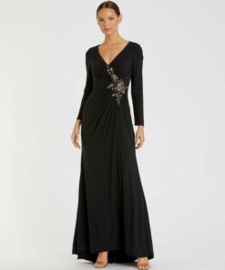Faux Wrap Long Sleeve Gown w/ Appliqu¨¦ Detail