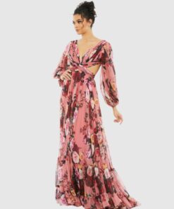Floral Cutout Open Back Blouson Sleeve Dress