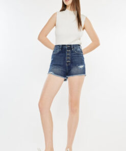 Kancan Raw Hem Button Fly Denim Shorts