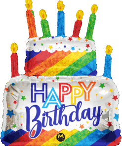 Large multi-colored birthday cake balloon with candle