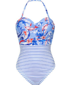 Figleaves Tahiti Twist Bandeau Control Swimsuit Blue Floral