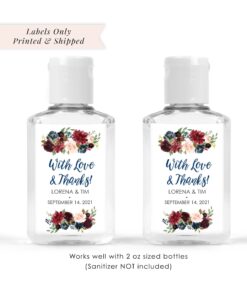 wedding favor hand sanitizer labels burgundy navy floral set of 20