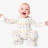 Baby organic zip footie in mini rainbow dot