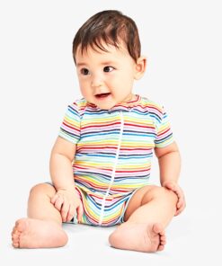 Baby organic short sleeve zip romper in rainbow mini stripe