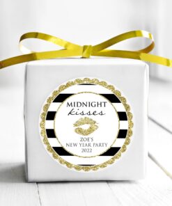 New Year's Eve Party Kisses Goodie Bag Stickers Gold Black Set of 24
